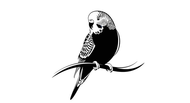 Black and white budgerigar perched on a branch vector illustration