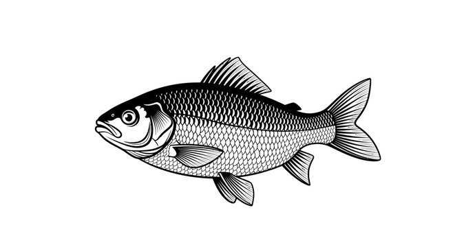 Black and white woodcut style illustration of a freshwater carp fish on white background