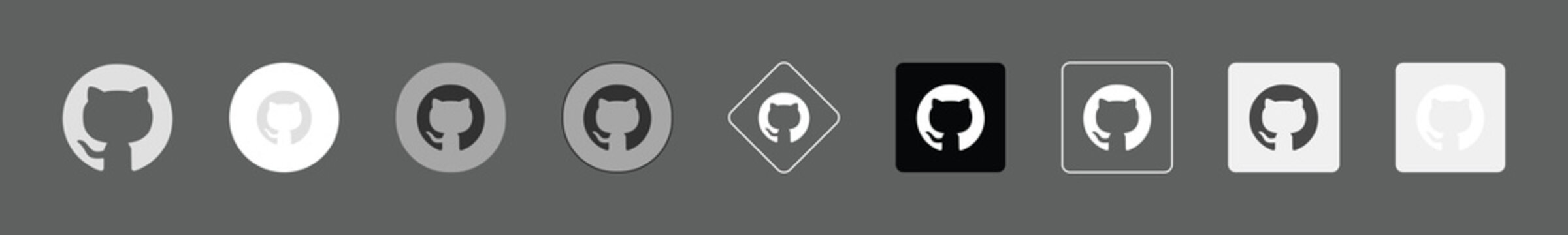 Set of github logo icons in various styles, including circular, square, diamond, and outline designs, a dark background