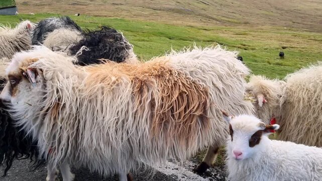 Flock of shaggy Faroe Islands sheep with a young lamb grazing peacefully on a green hillside. Iconic wildlife and livestock of the north