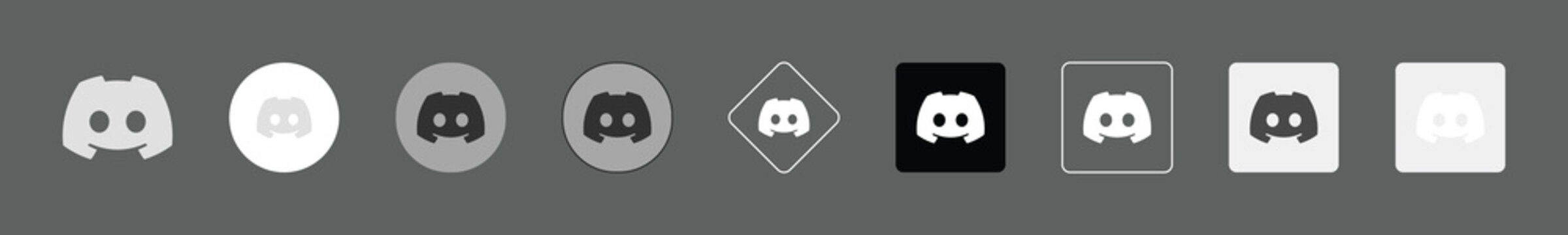 Set of discord logo icons in various styles, including flat, outlined, and rounded shapes, isolated vector collection