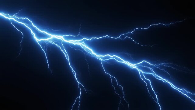 Bright blue‑white lightning bolt branching jaggedly across dark background, illuminating atmosphere, symbolizing raw power, energy, intensity, and natural beauty.