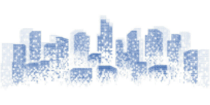 Beautiful city skyline with abstract futuristic pixel grid