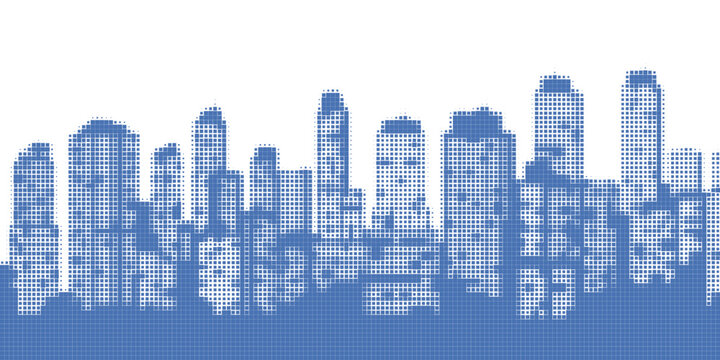 Beautiful city skyline with abstract futuristic pixel grid
