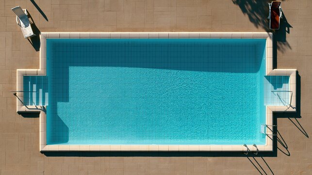 Hot Summer season lifestyle theme. A topdown view of a rectangular swimming pool with a clear blue water surface. The pool is surrounded by a beige tiled floor.