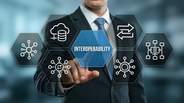 Businessman interacts with a glowing hexagonal digital interface featuring interoperability to demonstrate modern corporate system integration and advanced data exchange technology solutions.