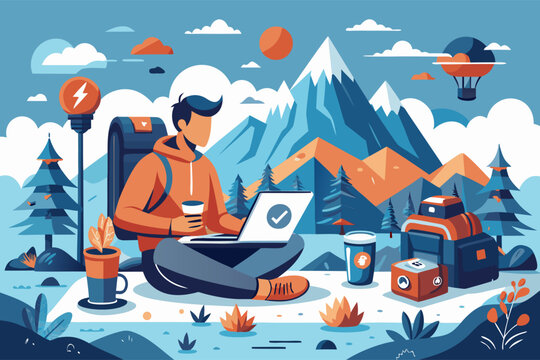 Digital nomad working on laptop outdoors with mountain landscape and adventure travel theme