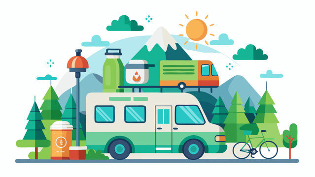 Flat vector illustration of a camping van trip in the mountains with nature gear