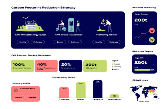 Infographic dashboard illustrating carbon footprint reduction strategies, emissions tracking, and global environmental sustainability goals