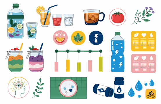 Collection of healthy living, nutrition, hydration, and wellness icons in a flat design style