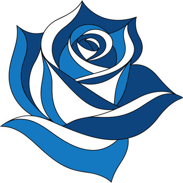 Stylized blue and white rose illustration with black outlines, showing petals in various shades of blue.