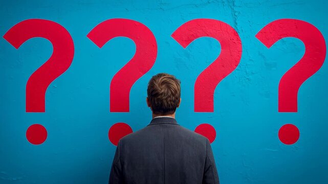 Man in dark suit stands in front of blue wall with large red question marks, pondering thoughts or decisions, creating a sense of curiosity and contemplation in the scene