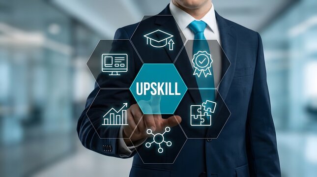 Businessman uses a digital interface to select the upskill option while surrounded by various glowing icons representing education and career development in a modern corporate office work environment.