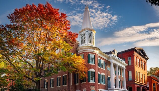 historic buildings and colonial era architecture line the charming streets of old town fairfax virginia surrounded by lush greenery and vibrant fall foliage