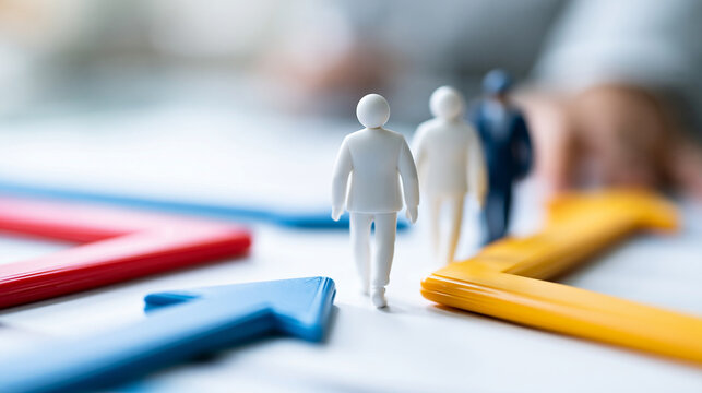 Symbolic representation of workforce transition and organizational change readiness with figurines and directional elements, change management concept, corporate planning