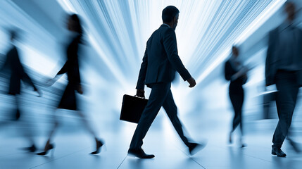 Fototapeta premium Silhouetted diverse professionals walking in motion blur representing fast-paced digital economy and workforce mobility, career transition concept, dynamic corporate photography,