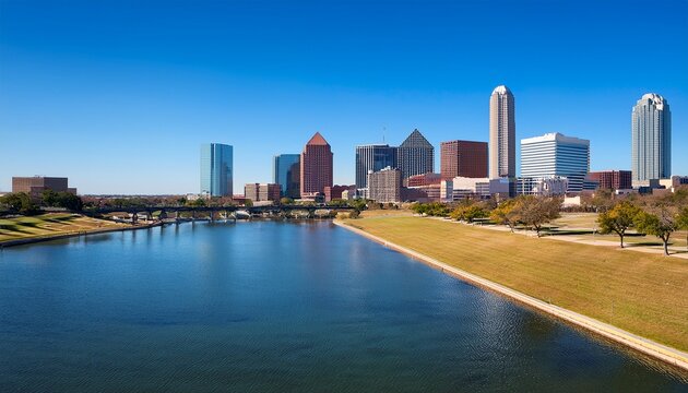 scenic view of plano texas skyline with modern architecture and clear blue sky in daylight