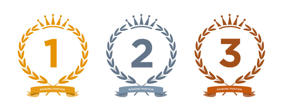First second third place ranking position award badge vector set. Gold silver bronze laurel wreaths with crown and ribbon for leaderboard tournament winner medal and championship achievement emblem.