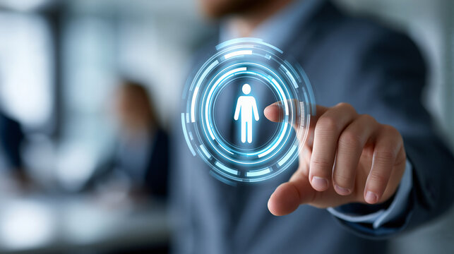 Faceless businessman touching virtual digital interface button for layoff communication and corporate staff transition management, workforce planning concept, executive technology