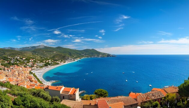 bright blue mediterranean sea meets the horizon in this sweeping panoramic view of cagnes sur mer s picturesque coastline with rolling hills and red tiled rooftops
