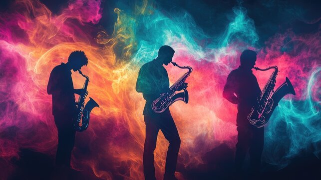 Chromatic Rhapsody: Three Saxophonists Silhouetted Against a Cosmic Swirl of Light.