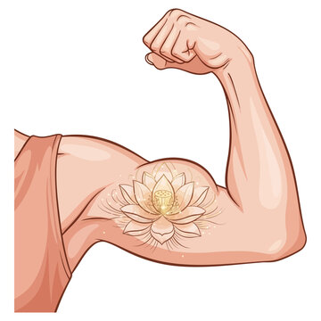 Muscular arm flexing with a delicate lotus flower tattoo design featuring soft golden highlights and intricate line art details presented in a vibrant style on transparent background