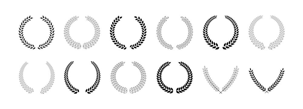 Laurel wreath branch icon set vector. Classic round logo elements, solid black and outline foliate frames, flat graphic floral Greek wreaths, and achievement trophy emblem.