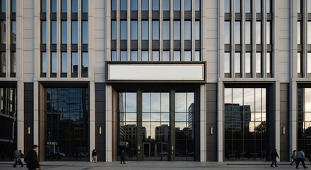 Fototapeta premium Blank rectangular sign above modern glass building entrance.
