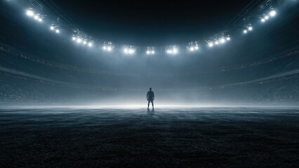 Fototapeta premium Silhouette of lone hero standing under stadium lights in arena