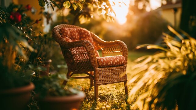Hot Summer season lifestyle theme. A vivid outdoor scene captured during golden hour, bathed in the warm glow of the setting sun. A wicker chair with a patterned cushion sits in the foreground.