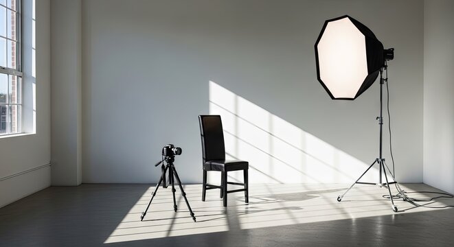 Bright photography studio interior with window light and octabox.