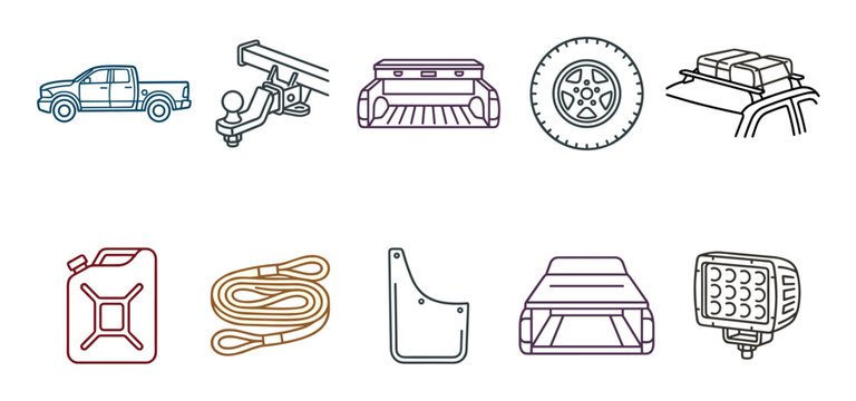 Truck accessories and off-road vehicle parts line art icons depicting essential gear for adventure, utility, and automotive customization in a modern outline style.