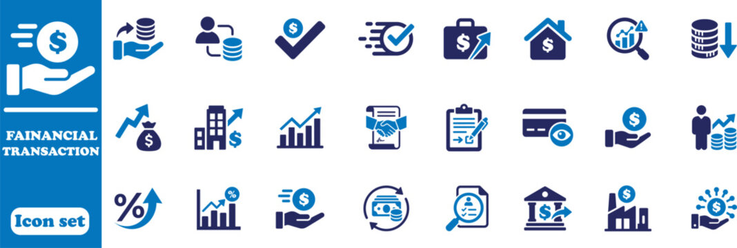 Financial transaction icon set for business and banking concepts