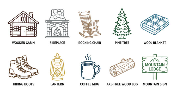 Cabin, fireplace, rocking chair, pine tree, wool blanket, hiking boots, coffee mug are essential elements for a cozy mountain lodge or rustic outdoor adventure.