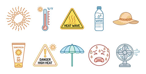 Fototapeta premium Heatwave safety icons collection illustrates essential precautions during hot weather, including sun protection, hydration, and cooling methods.