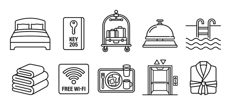 Hotel services and amenities line art icons collection representing various guest facilities and accommodations for travel and hospitality businesses.