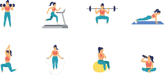 Fototapeta premium Fitness Woman Workout Icon Set with Gym Exercises, Weightlifting, Running, Yoga, and Strength Training Vectors for Health, Wellness, and Sport Application Designs