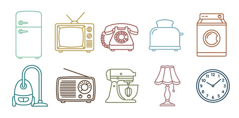 Fototapeta premium Collection of outline household appliances and retro electronics, including a refrigerator, television, telephone, and washing machine, representing domestic life.