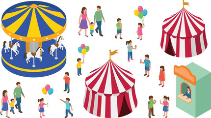 Fototapeta premium Isometric Amusement Park and Circus Vector Elements Set with Carousel, Big Top Tents, Ticket Booth, and Families with Children Characters for Festival Designs