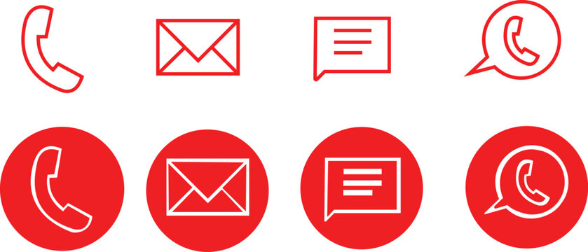A collection of red communication including phone, email, message, and chat bubble symbols on a white background, for digital interfaces