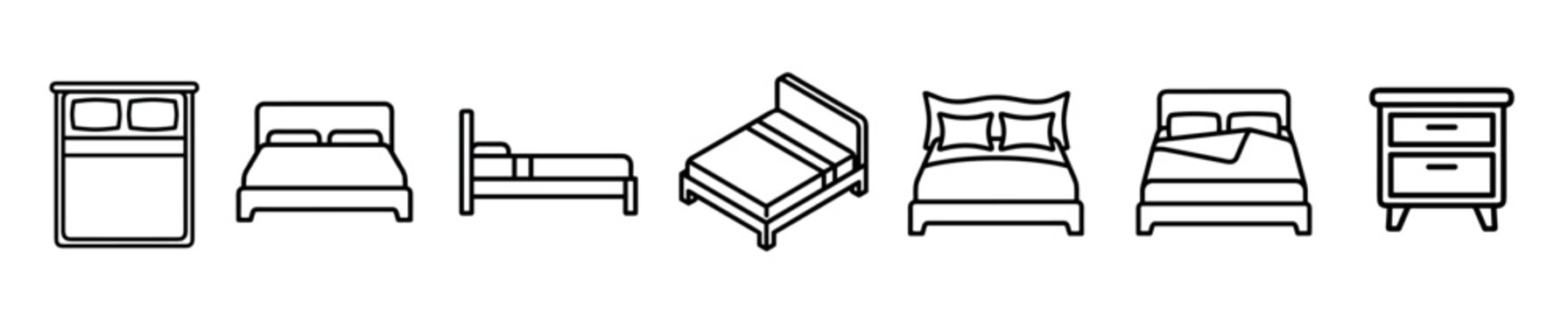 Various bed and nightstand outline icons collection showcasing different perspectives and furniture pieces for bedroom design and interior decor concepts.