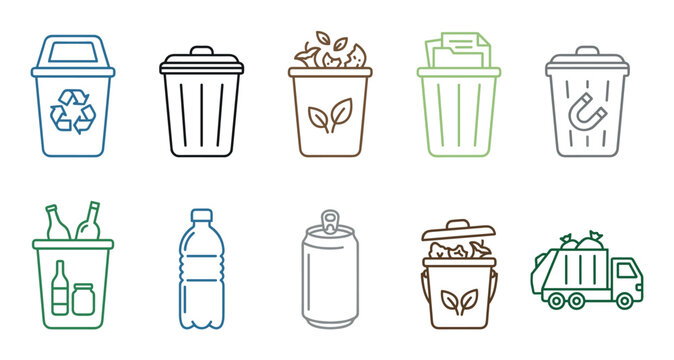 Various outline recycling and waste management icons illustrating environmental protection, proper disposal, and sustainable practices for a cleaner planet.