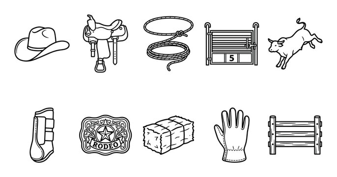 Rodeo western cowboy equipment elements collection features traditional ranching gear, animal icons, and competition accessories in line art style.