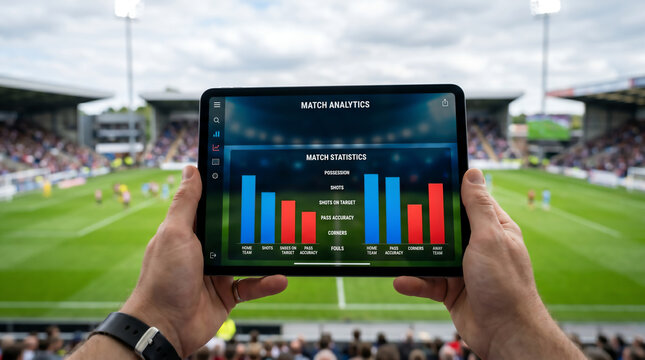 First-person view of hands holding a digital tablet with live football match analytics and statistics dashboard, blurred stadium background.