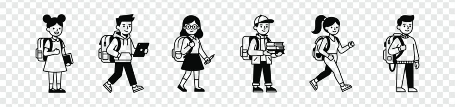 Set of student characters with backpacks and school items vector icons