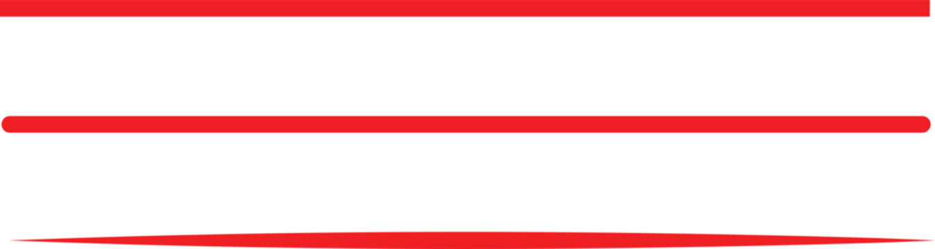 Three horizontal red lines of varying thickness and style, featuring solid and brush-like textures, isolated on a clean white background surface