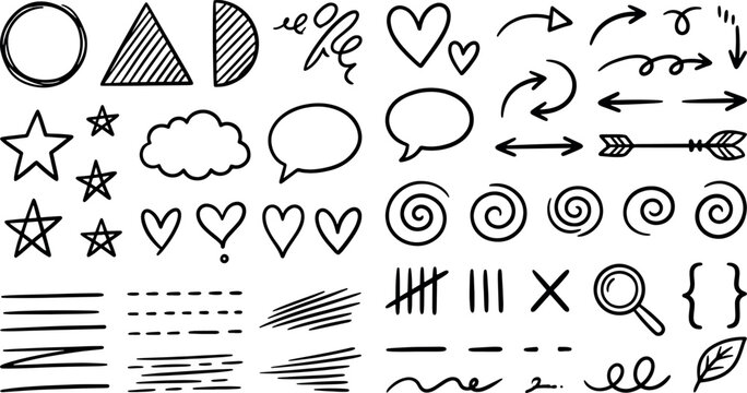 Hand drawn doodle elements set including arrows speech bubbles hearts shapes textures for bullet journaling with handdrawn collection communication triangle magnifying organizer