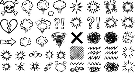 Hand drawn comic book action effect icons and graphic symbols with explosion illustration elements creative collection scribble reaction question exclamation background © Kanon Islam