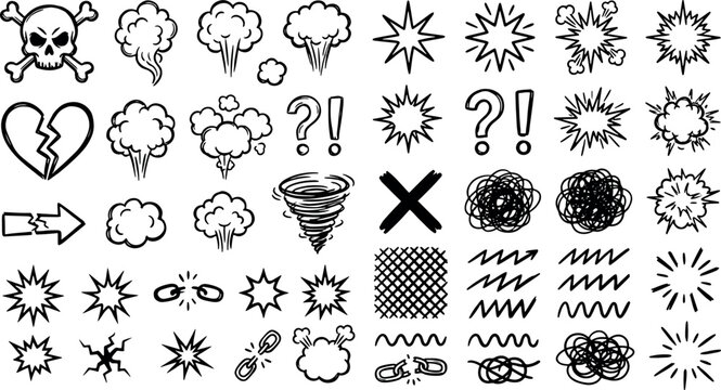 Hand drawn comic book action effect icons and graphic symbols with explosion illustration elements creative collection scribble reaction question exclamation background