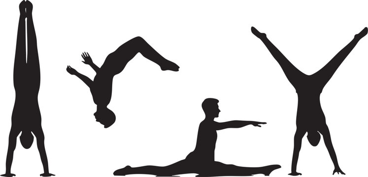 Gymnastics Silhouette Set Isolated on White Background &ndash; Handstand, Backflip and Split Pose Black Vector Illustration